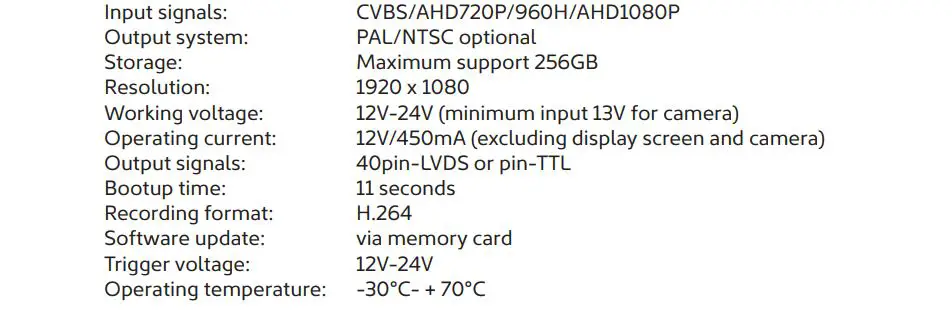 NEXTECH Vehicle DVR, Monitor, Camera Kit - Product Specification