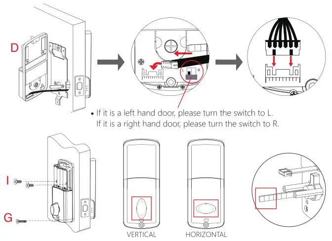 ARDWOLF Bluetooth Door Lock - Install indoor unit(D) with M4 cross flat head bolts(!- G) on the door.