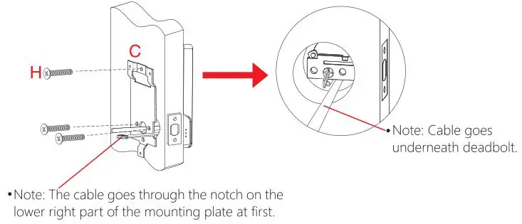 ARDWOLF Bluetooth Door Lock - Install mounting plate (C) with M4 cross flat head bolt (H) on the door.