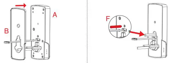 ARDWOLF Bluetooth Door Lock - Install outdoor unit(A) with gasket(B) and cylindrical sleeve bolt( F) on outdoor unit(A)