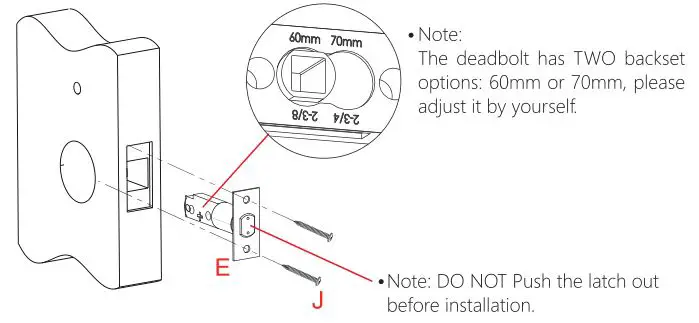 ARDWOLF Bluetooth Door Lock - Install the deadbolt (E) with screws (J) on the door.