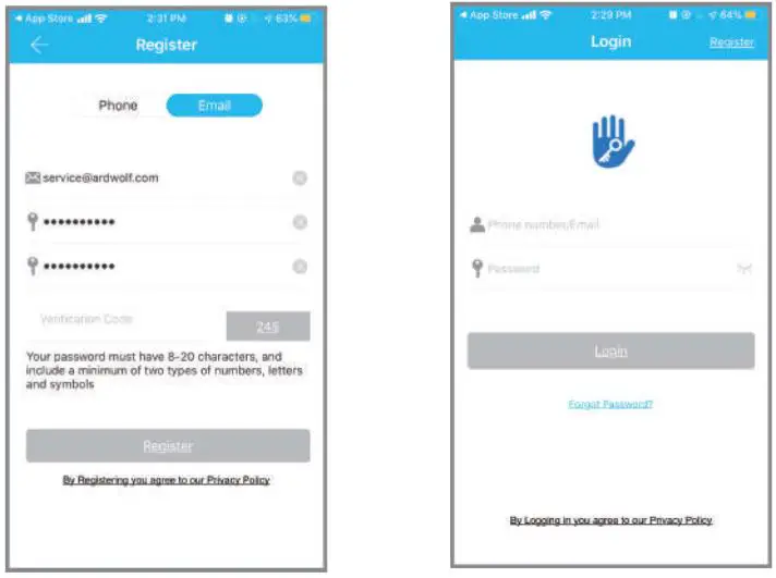ARDWOLF Bluetooth Door Lock - Registration and Login
