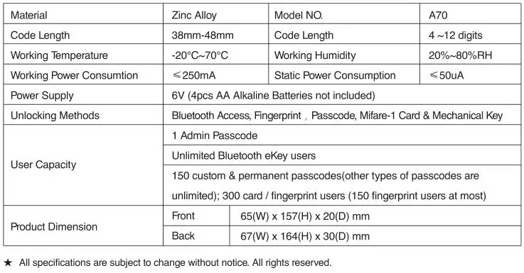 ARDWOLF Bluetooth Door Lock - Specifications