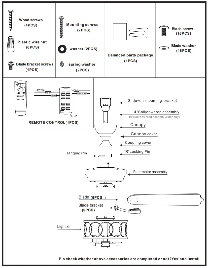 Parrot Uncle BBWY2021006 52 in Matte Black Indoor Ceiling Fan with Remote - fig1