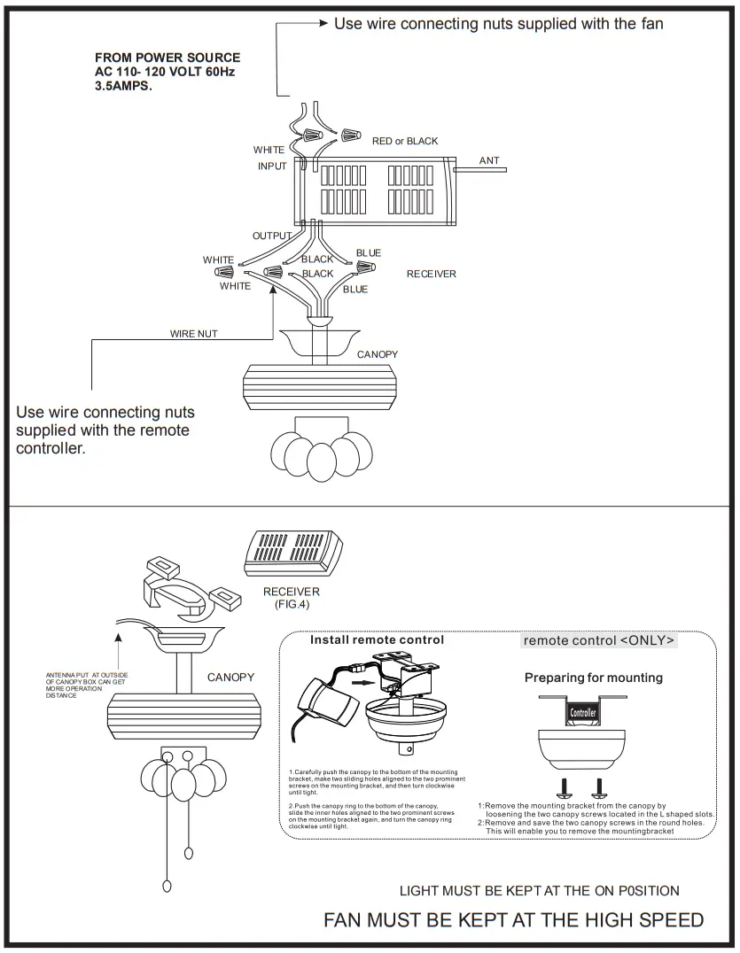 Parrot Uncle BBWY2021006 52 in Matte Black Indoor Ceiling Fan with Remote - fig8