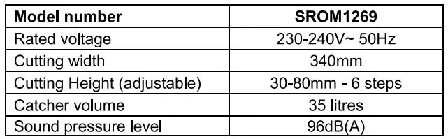 MAKO SROM1269 1400W Electric Lawn Mower Instruction Manual - Technical Specifications