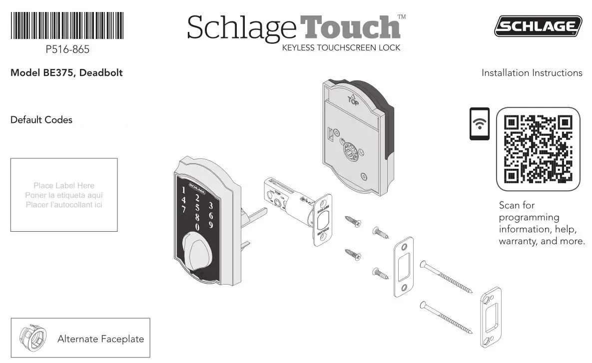 Schlage Touch Keyless Touchscreen Deadbolt Lock BE375 User Manual