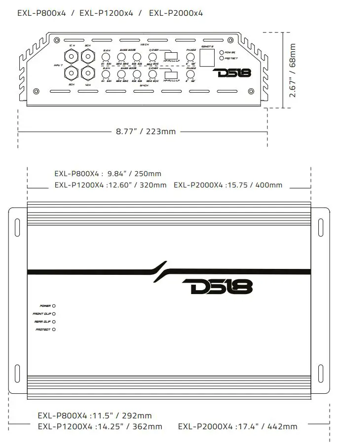 DS18 EXL-P800X4 Competition 4 Channel Stereo Full-Range Amplifier Owner's Manual - DIMENSIONS
