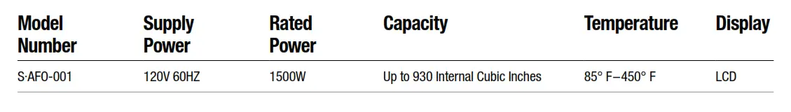 Emeril Lagasse Power AirFryer 360 S·AFO-001 - Unit Specifications