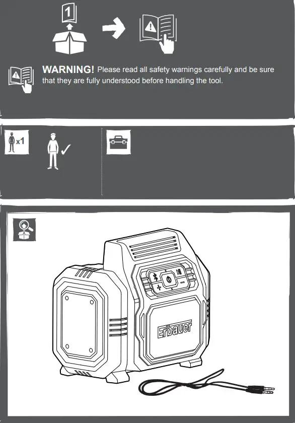 Erbauer ESP18-Li EXT Cordless Bluetooth Speaker Instructions - What's in the box