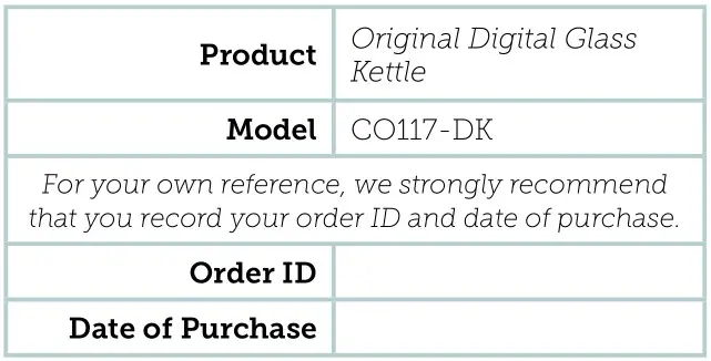 COSORI CO117-DK Original Digital Glass Kettle - Warranty Card