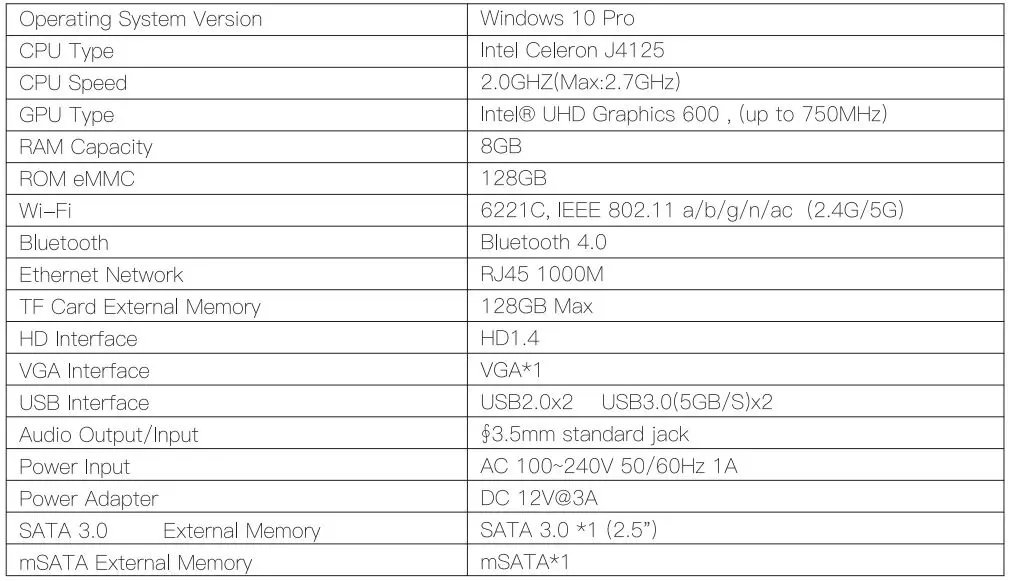 BliTZWOlF BW-MPC1 Intel Celeron J4125 8G+128G Mini PC User Manual - Specifications