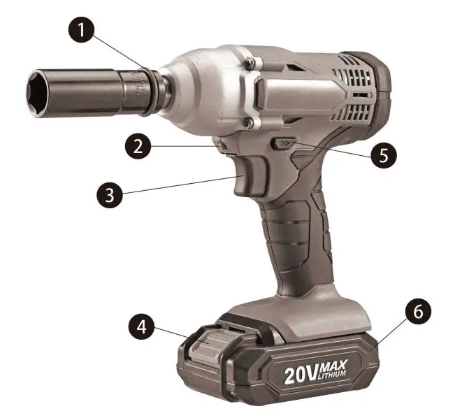 KIMO 3605W Cordless Impact Wrench Instruction Manual - Components and Specifications