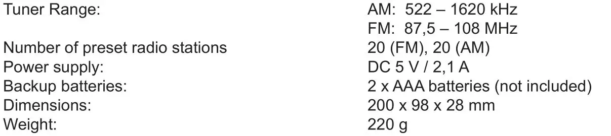 HYUNDAI RAC 521 PLLBCH black clock radio - SPECIFICATIONS