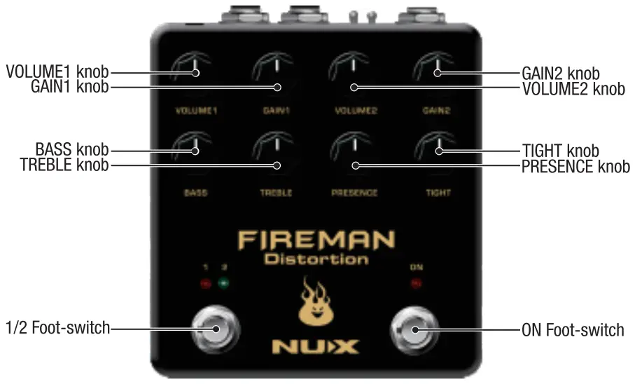 NUX NDS 5 Fireman Dual Channel Distortion Pedal - CONTROL PANEL
