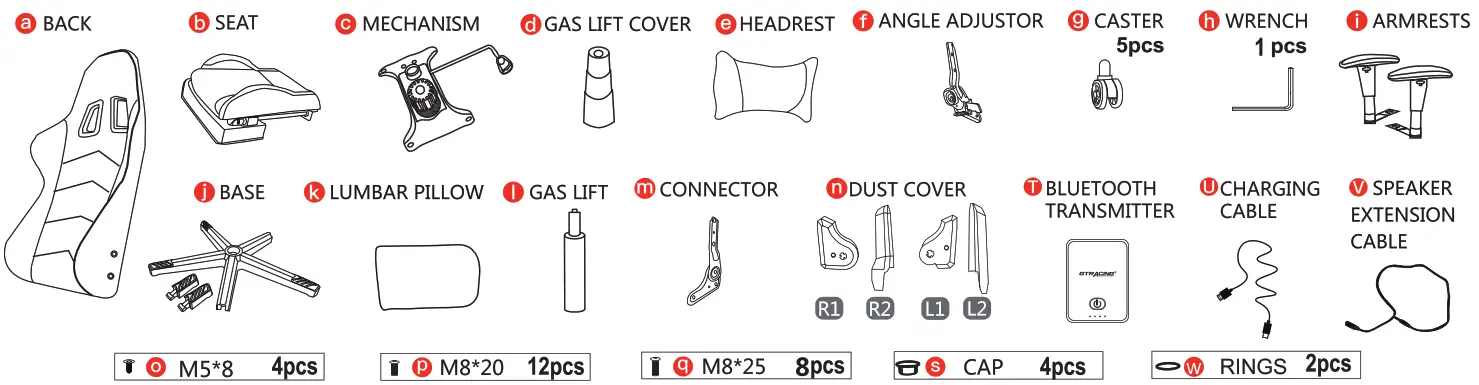 GTRACING Gaming Chair with Footrest Speakers - part list