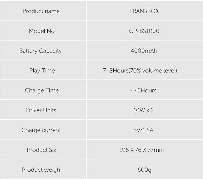 TRANSBOX GP-BS1000 - Product Specification