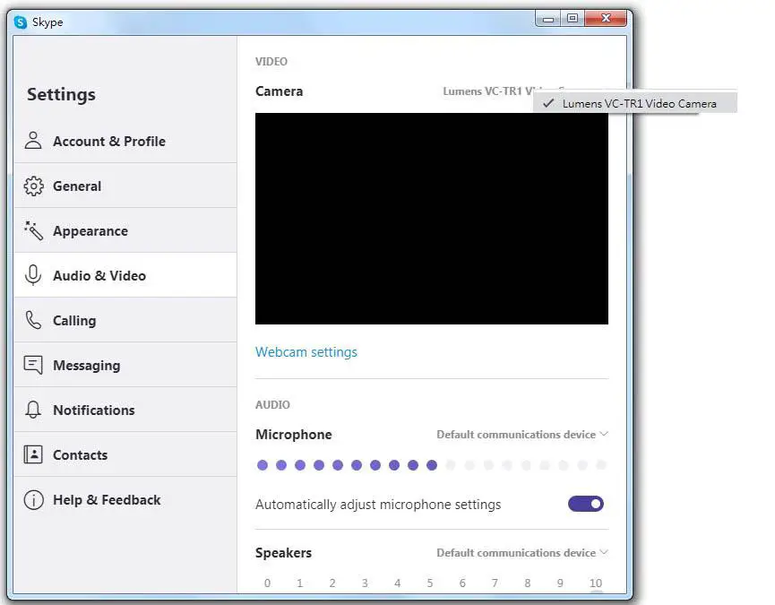 Lumens VC-TR1 Auto Tracking Camera- nter Skype settings