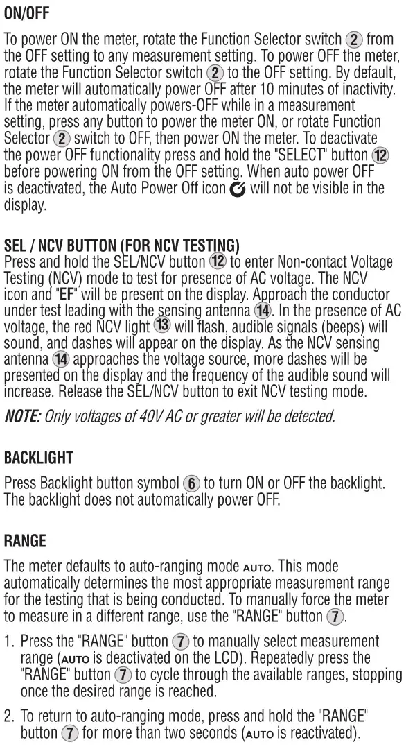 KLEIN TOOLS CL320 400A AC Auto-Ranging Digital Clamp Meter - FUNCTION BUTTONS 1