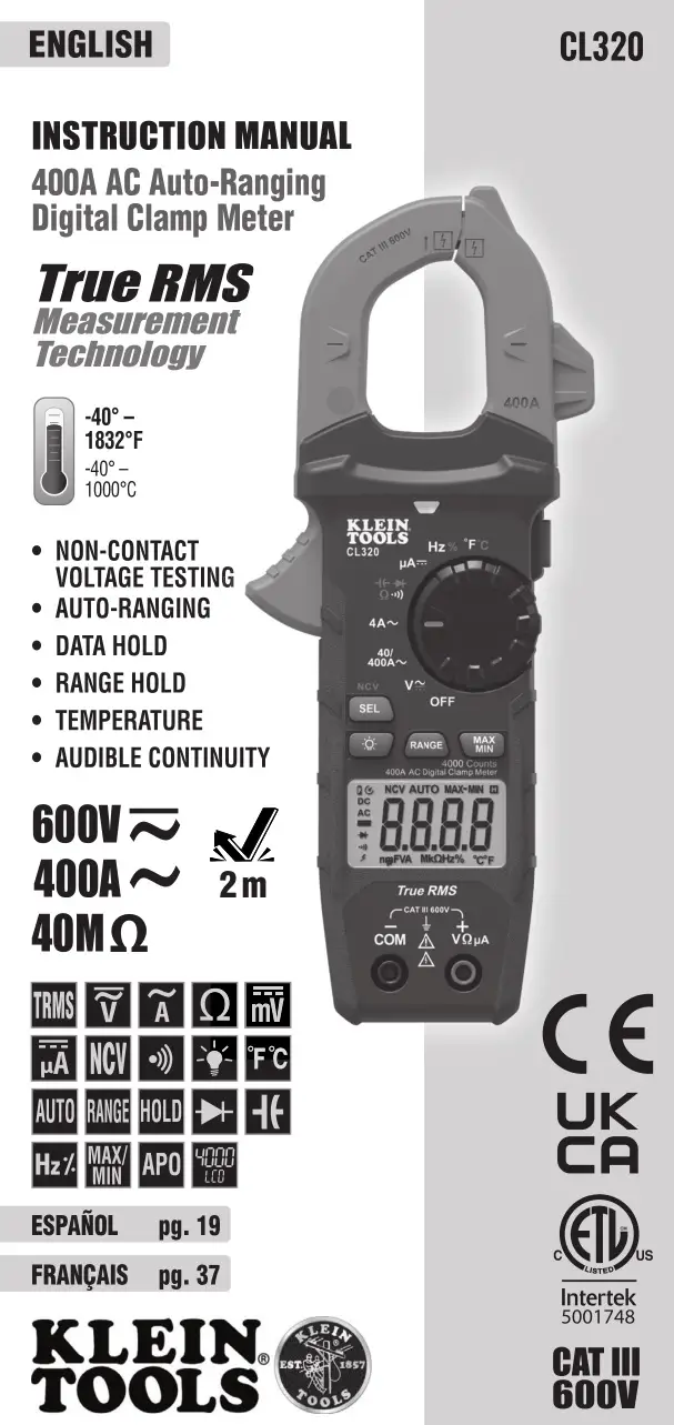 KLEIN TOOLS CL320 400A AC Auto-Ranging Digital Clamp Meter Instruction Manual