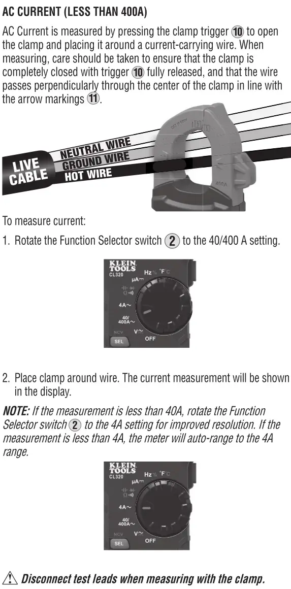 KLEIN TOOLS CL320 400A AC Auto-Ranging Digital Clamp Meter - OPERATING INSTRUCTIONS 2