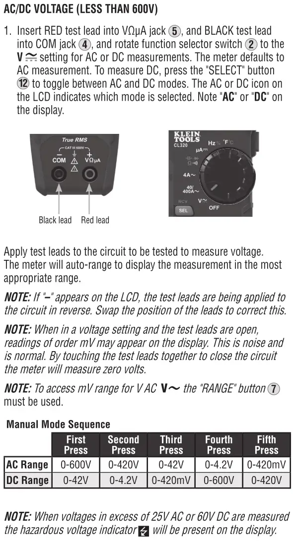 KLEIN TOOLS CL320 400A AC Auto-Ranging Digital Clamp Meter - OPERATING INSTRUCTIONS 3