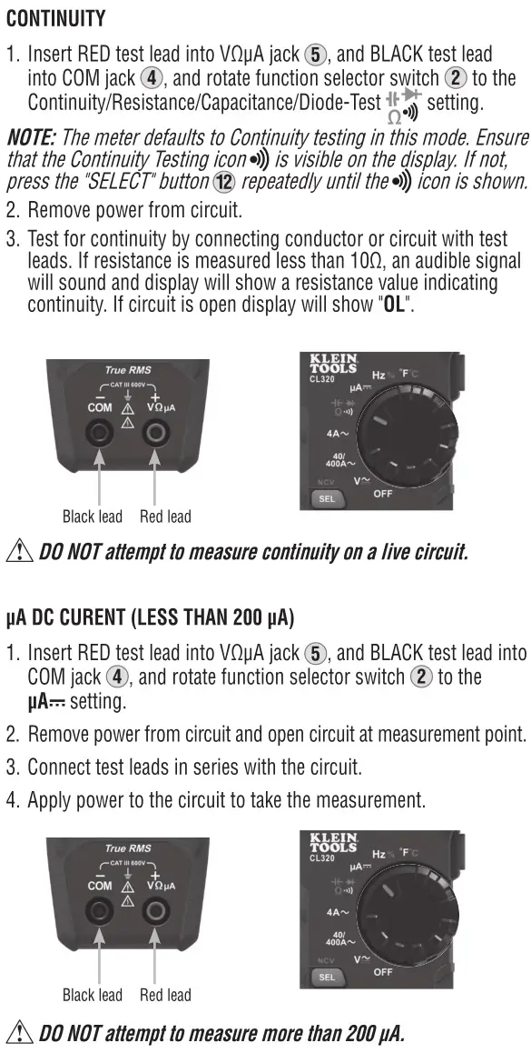 KLEIN TOOLS CL320 400A AC Auto-Ranging Digital Clamp Meter - OPERATING INSTRUCTIONS 4