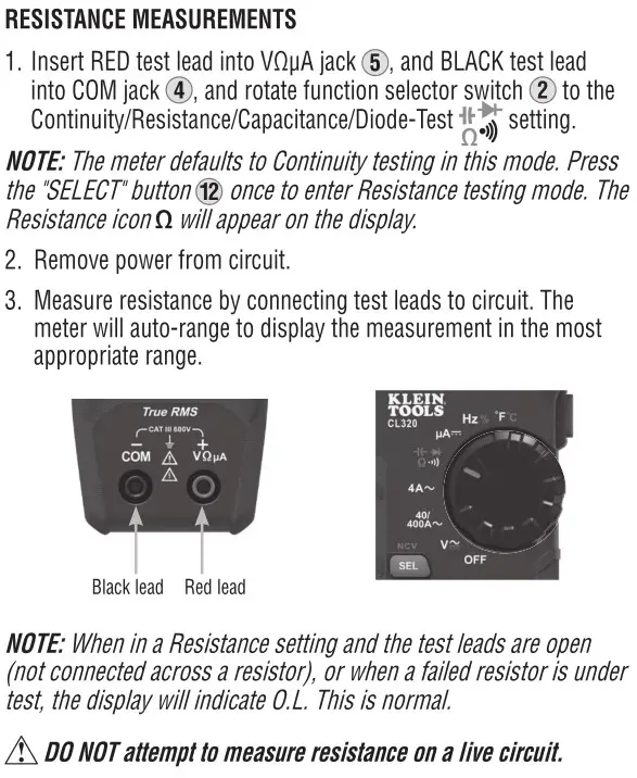 KLEIN TOOLS CL320 400A AC Auto-Ranging Digital Clamp Meter - OPERATING INSTRUCTIONS 5