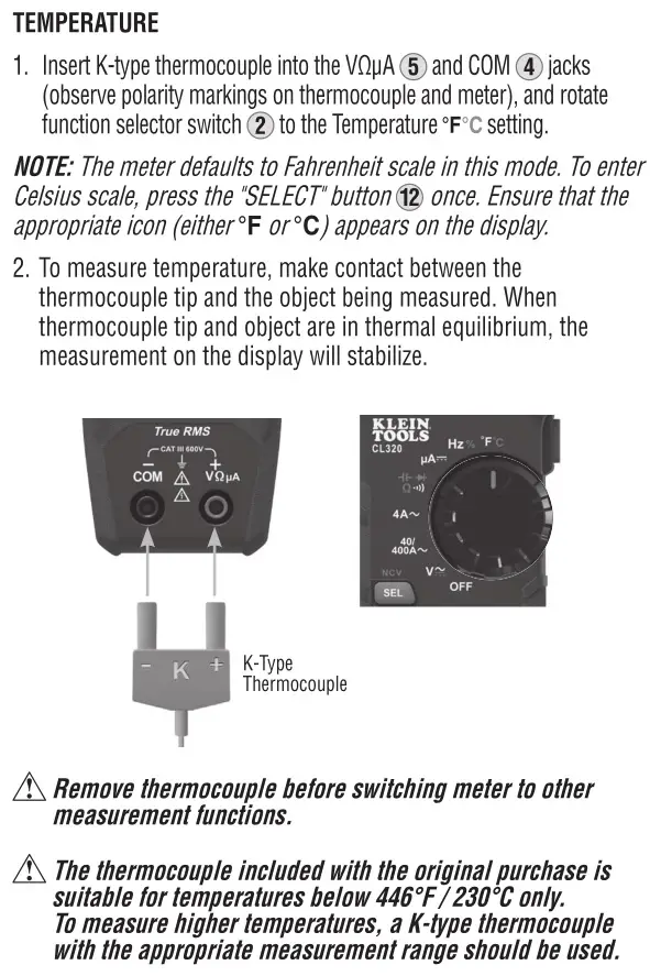 KLEIN TOOLS CL320 400A AC Auto-Ranging Digital Clamp Meter - OPERATING INSTRUCTIONS 8