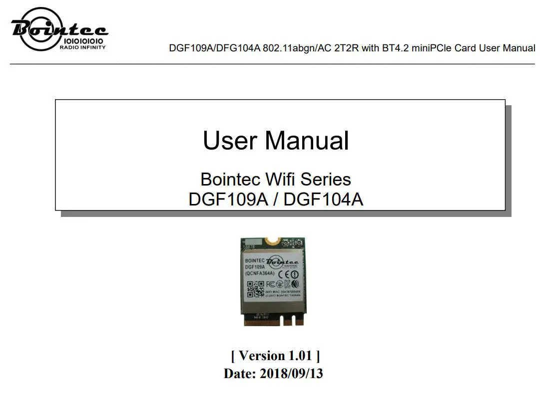 Bointec DGF104A Dual-Band WiFi + Bluetooth Mini PCIe Adapter User Manual