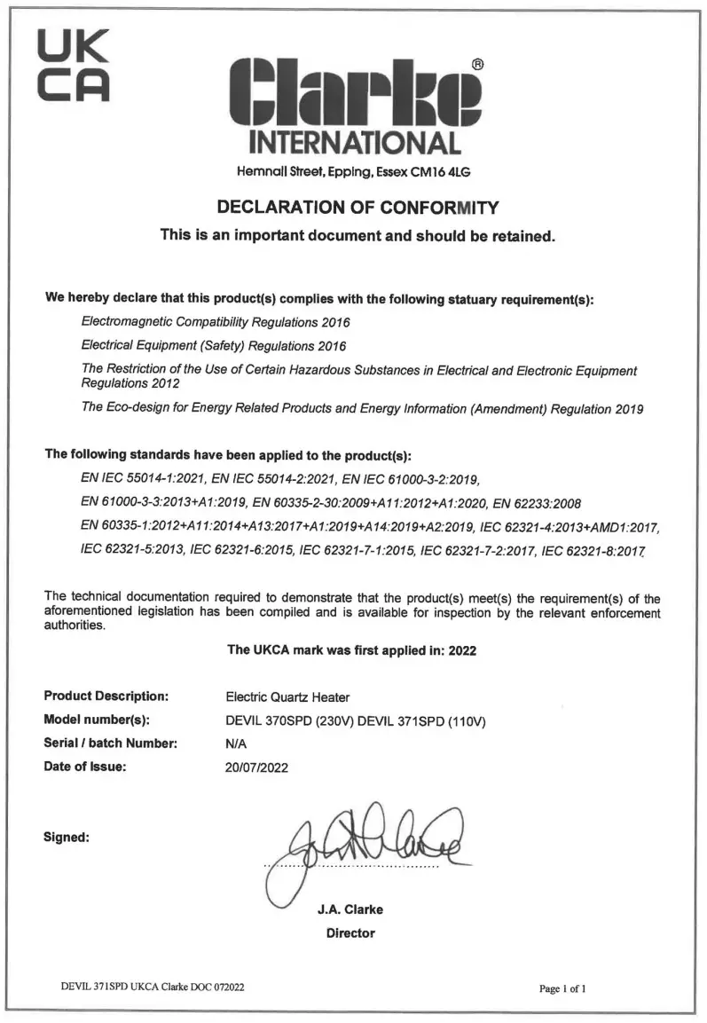 Clarke Devil 371SPD Quartz Halogen Heater - sarteficate
