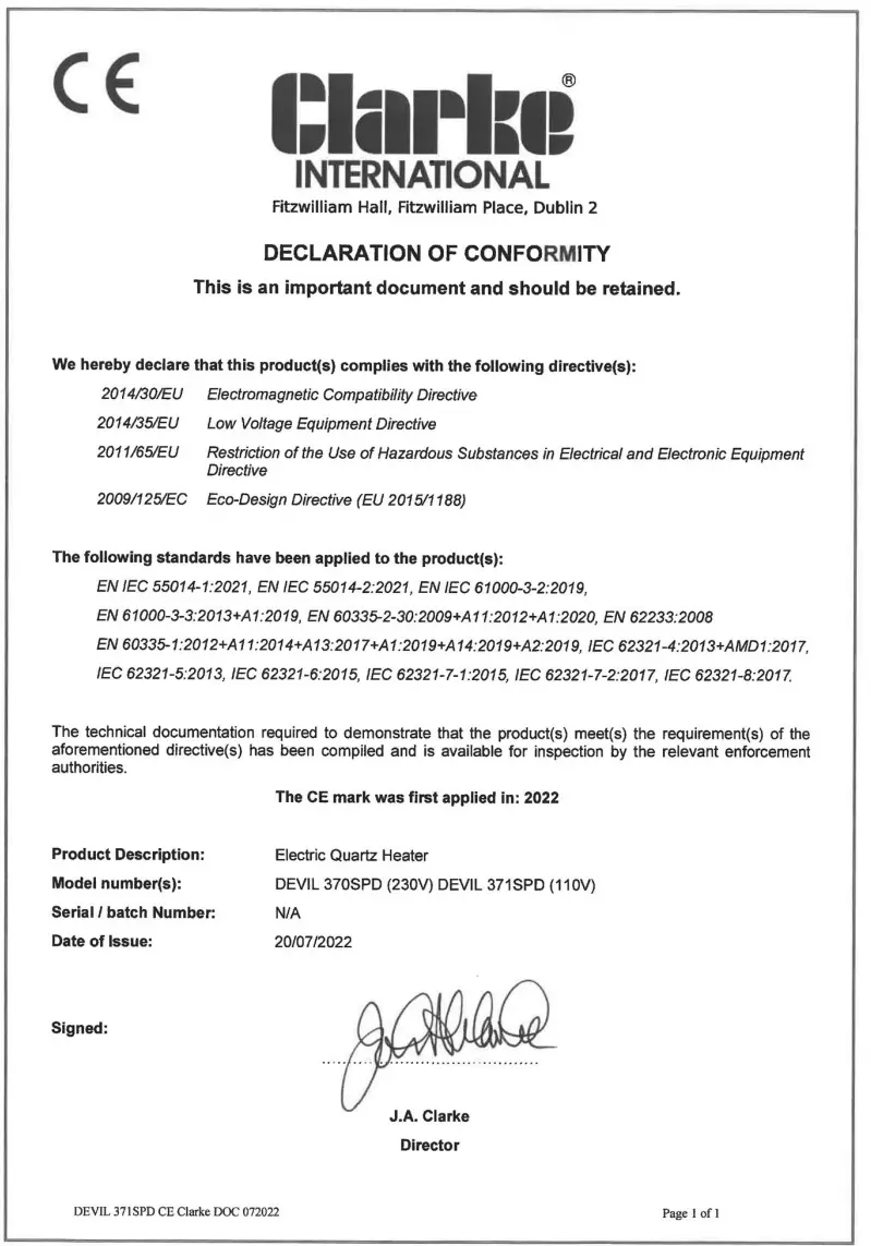 Clarke Devil 371SPD Quartz Halogen Heater - sarteficate1