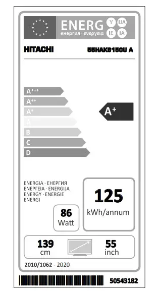 HITACHI 55HAK6150U A 5 4K Ultra HD with HDR LED Freeview Playt Smart - Label
