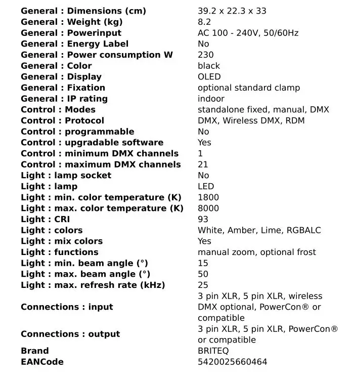 BriTeQ 261F Bt-Theatre Full Color LED Theater Fresnel - TECHNICAL SPECIFICATIONS 2