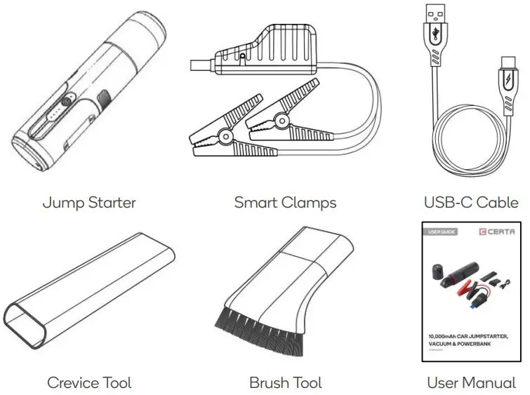 CERTA CT3IN1JVCPA 10000mah Car Jump Starter Vacuum and Powerbank - COMPONENTS