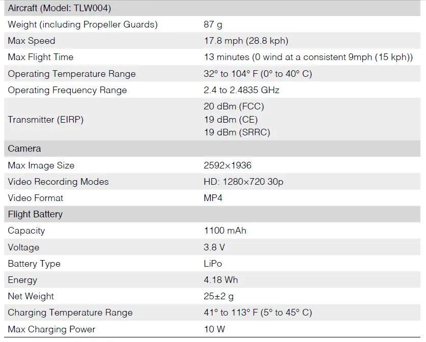 Specifications Aircraft (Model: TLW004) Weight (including Propeller Guards) 87 g Max Speed 17.8 mph (28.8 kph) Max Flight Time 13 minutes (0 wind at a consistent 9mph (15 kph)) Operating Temperature Range 32° to 104° F (0° to 40° C) Operating Frequency Range 2.4 to 2.4835 GHz Transmitter (EIRP) 20 dBm (FCC) 19 dBm (CE) 19 dBm (SRRC) Camera Max Image Size 2592×1936 Video Recording Modes HD: 1280×720 30p Video Format MP4 Flight Battery Capacity 1100 mAh Voltage 3.8 V Battery Type LiPo Energy 4.18 Wh Net Weight 25±2 g Charging Temperature Range 41° to 113° F (5° to 45° C) Max Charging Power 10 W