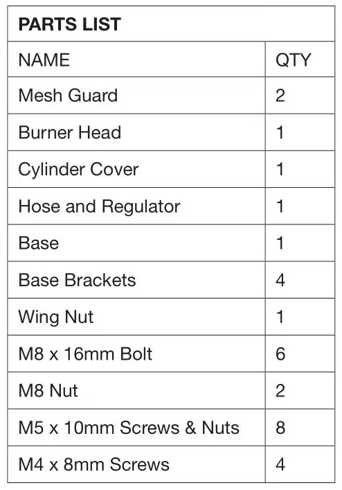 Gasmate AH Series Area Heater - PARTS LIST