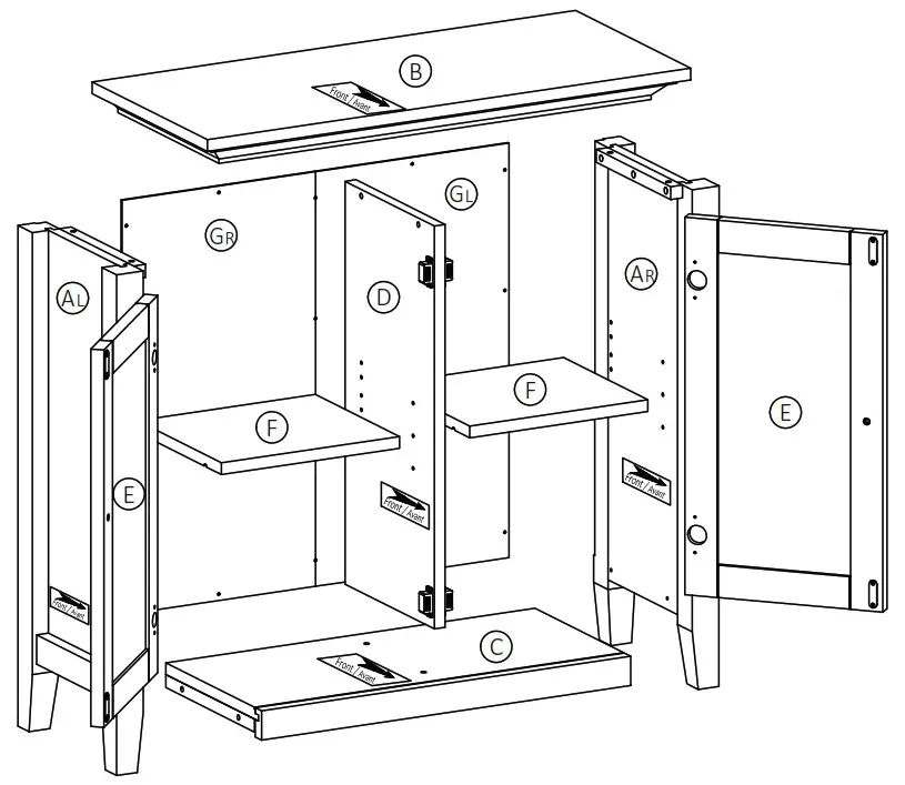 Cypress Hills AXCRGREY13 Greystone Rustics Wood Low Storage Cabinet - Components-Key Diagram