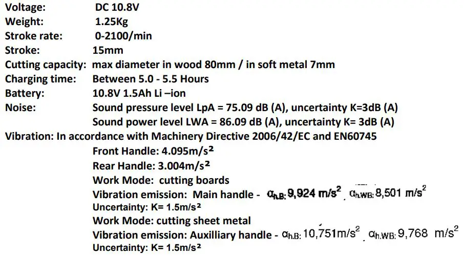 Coopers Orange Cordless Saw Rechargeable H223 - Technical data