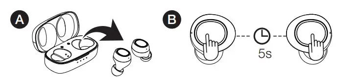 amazon basics B07T3VJKF4 Ultra-Light True Wireless Bluetooth Earbuds User Guide - Power on and pairing