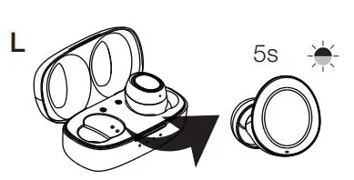 amazon basics B07T3VJKF4 Ultra-Light True Wireless Bluetooth Earbuds User Guide - Power on pairing Take the left earbud out of the case (A), and wait for 5 seconds