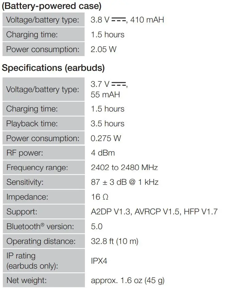 amazon basics B07T3VJKF4 Ultra-Light True Wireless Bluetooth Earbuds User Guide - Specifications