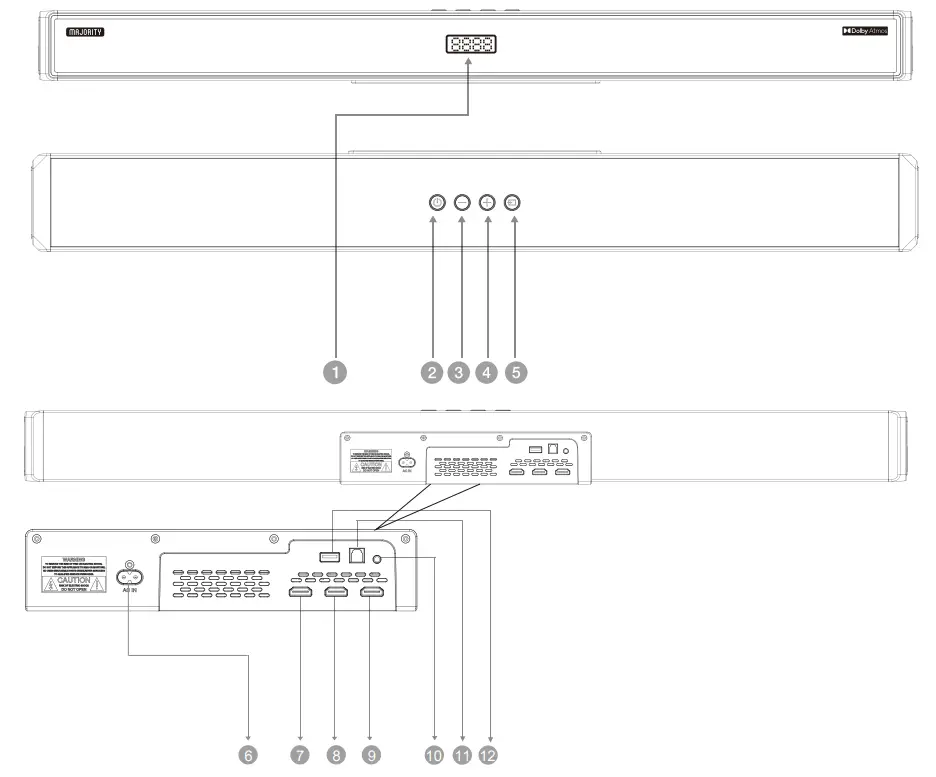MAJORITY SPDAS268XX Plus 2.1.2CH Soundbar and Subwoofer with Dolby Atmos - Product Diagram