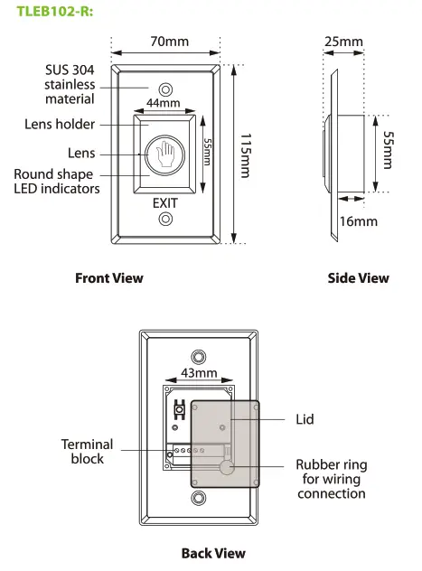 ZKTECO TLEB101 Touchless Exit Button - dimenasion 1