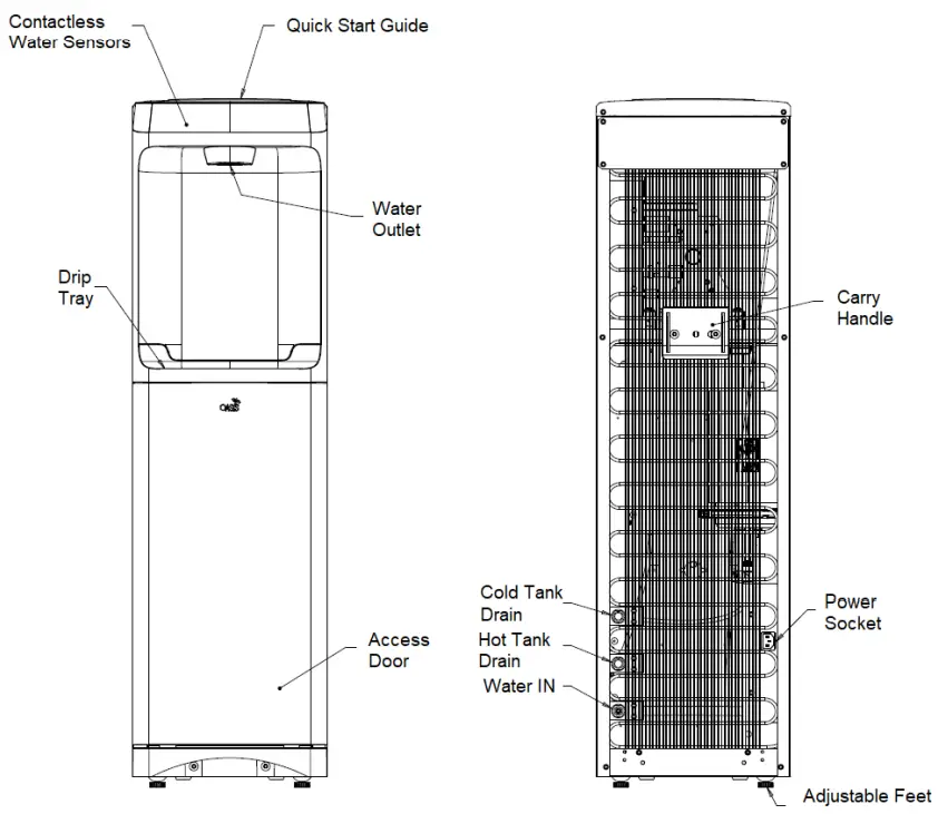 OASIS P1CMPVHSK Contactless Pou Hot Cold and Room Temperature Water Dispenser - PRODUCT DIAGRAM