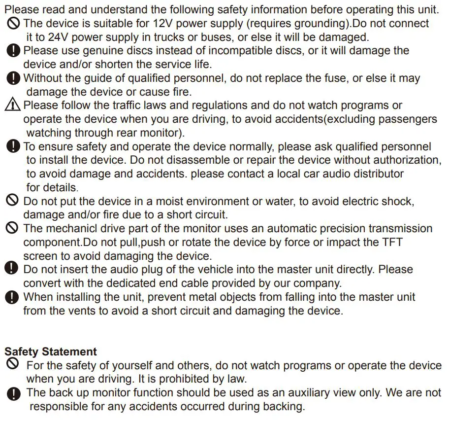 BOSS BV9358B Double DIN 6.2 Inch In Dash DVD CD AM FM Receiver with Bluetooth User Manual - Safety Notice
