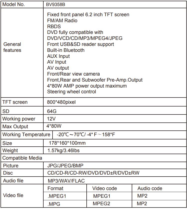 BOSS BV9358B Double DIN 6.2 Inch In Dash DVD CD AM FM Receiver with Bluetooth User Manual - Specifications
