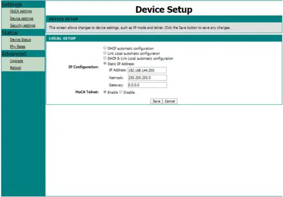 TRANSLITE TL MC84 Ethernet Over Coax Adapter - DEVICE SETUP MENU