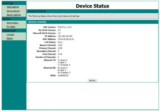 TRANSLITE TL MC84 Ethernet Over Coax Adapter - DEVICE STATUS MENU