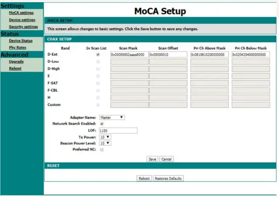 TRANSLITE TL MC84 Ethernet Over Coax Adapter - MoCA SETTINGS MENU
